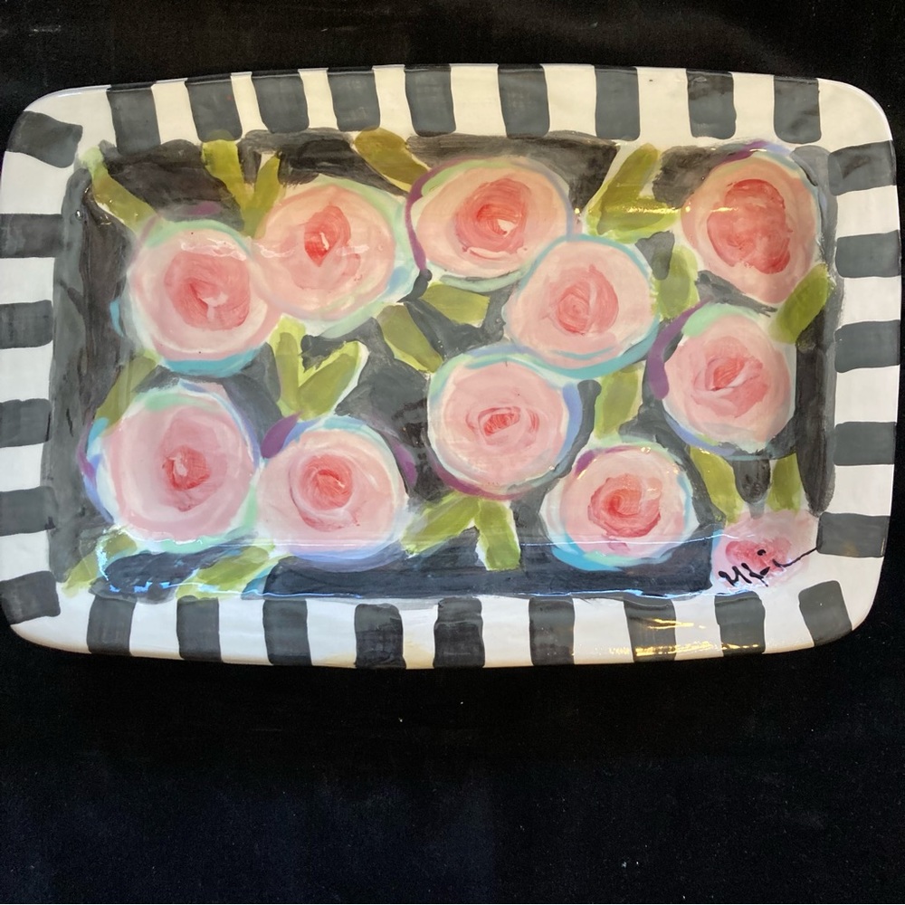 Peonies on Black HandmadeCeramic Rectangular PlatterHandPainted 12”x8” Original